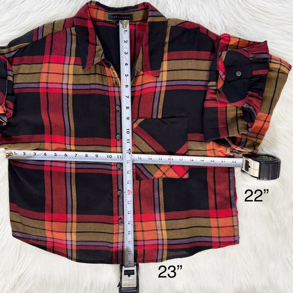Sanctuary Colorful Plaid Red Black Puff Balloon Long Sleeve Buttondown Shirt L - Picture 11 of 11